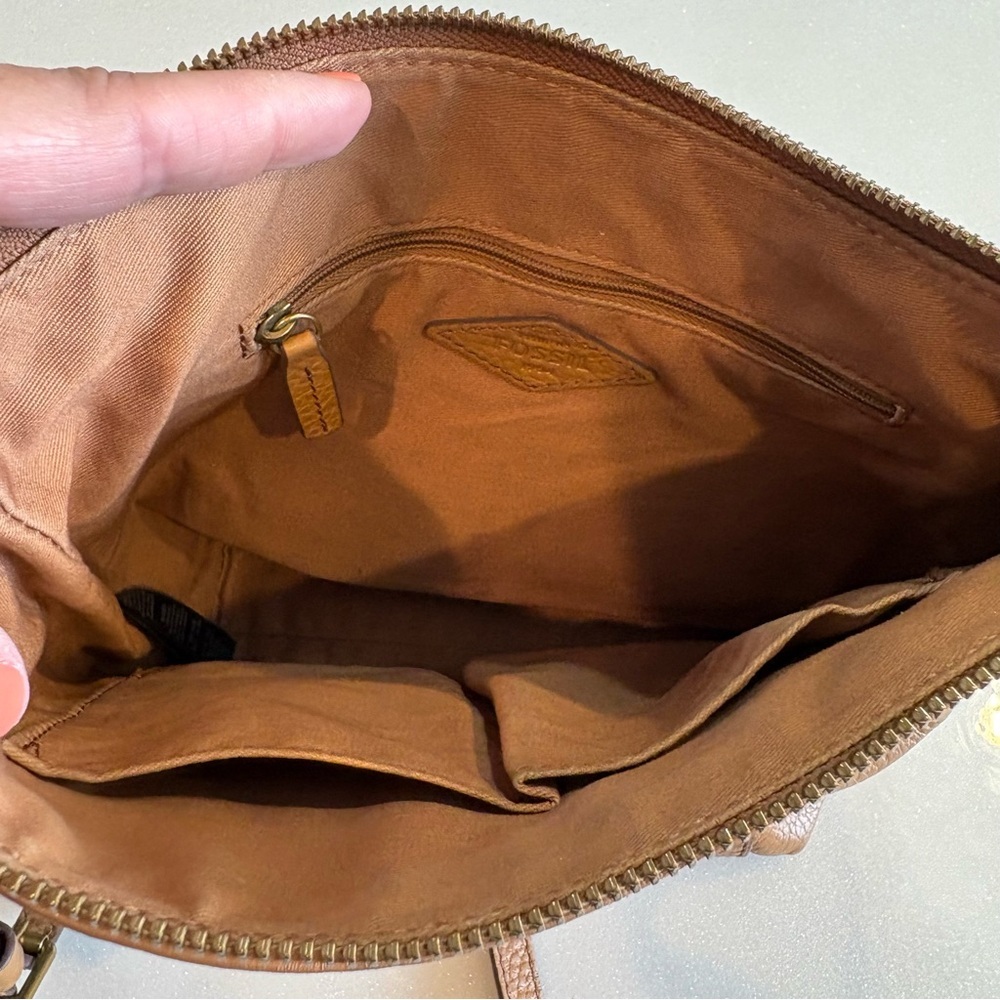 Fossil Tan Pebbled Leather Crossbody Bag  Minimalist Buckle Adjustable Strap - Picture 8 of 12